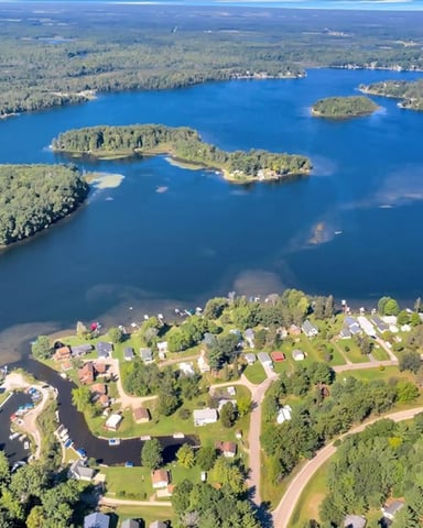 Aerial view of Sage Lake and its islands