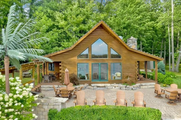 Outdoor beach bar and sandy beach at the Grindstone Lighthouse property on Lake Huron